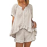 codcm Womens 2 Piece Ruffle Pajama Set Gingham Pjs Short Sleeve Babydoll Shirt and Shorts Plaid Summer Outfits
