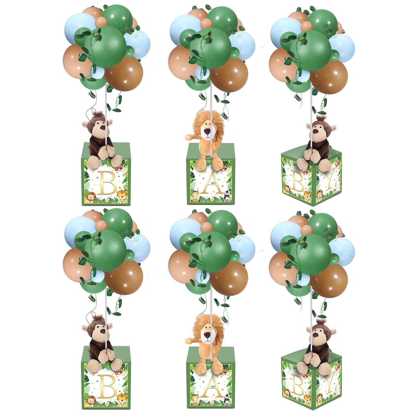 Photo 1 of Lenwen 6 Sets Baby Letter Boxes Decorations Table Centerpieces for Baby Shower Gender Reveal,Bear Stuffed Animals Balloon with Stand Plush Toy Boxes for Birthday Party Wedding (Jungle Animals)