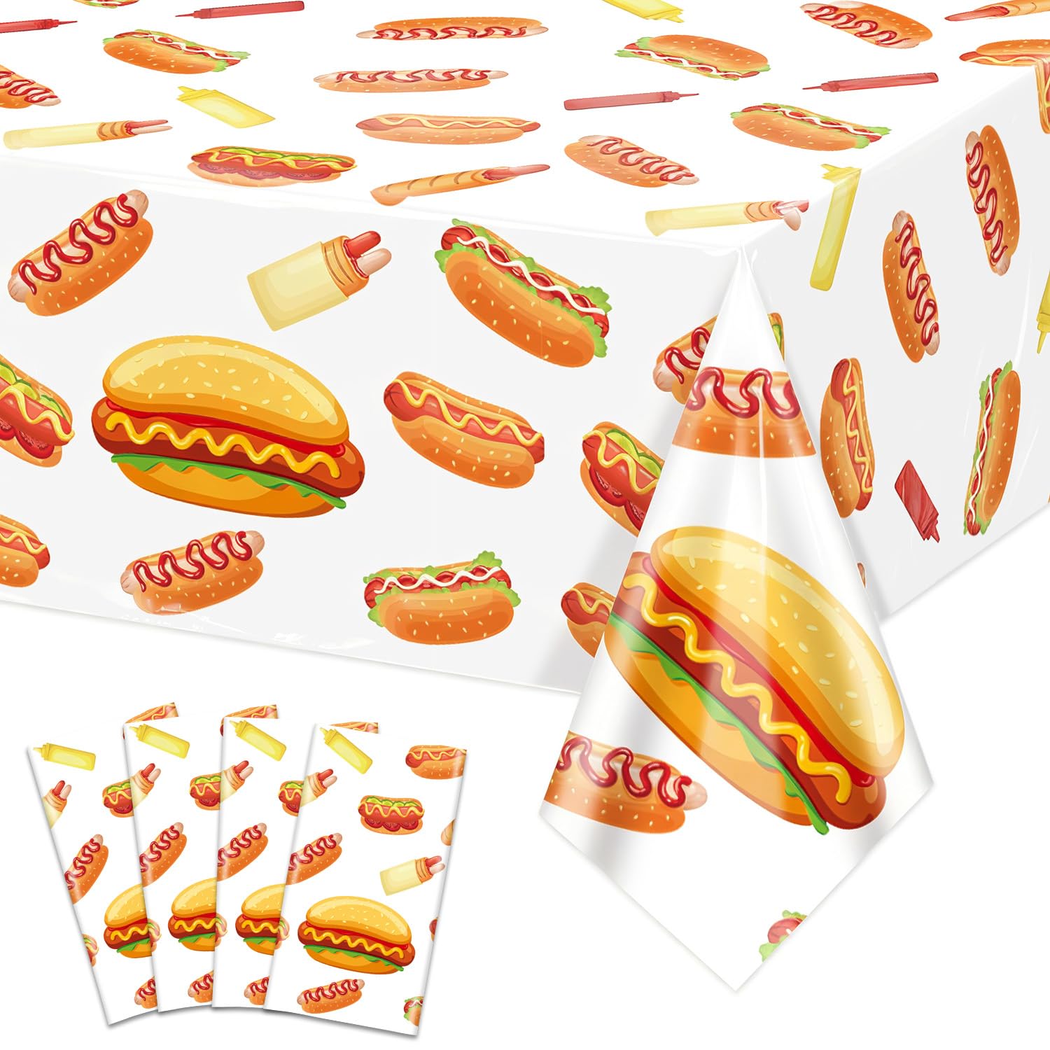 PTECDROTS 4 Pcs Hot Dog Tablecloths Rectangular Picnic Table Cloth for Sausage Food BBQ Hot Dog Birthday Party Decorations, 130 x 220cm