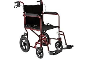 Medline Lightweight Transport Wheelchair with Handbrakes, Folding Transport Chair for Adults has 12 inch Wheels, Red