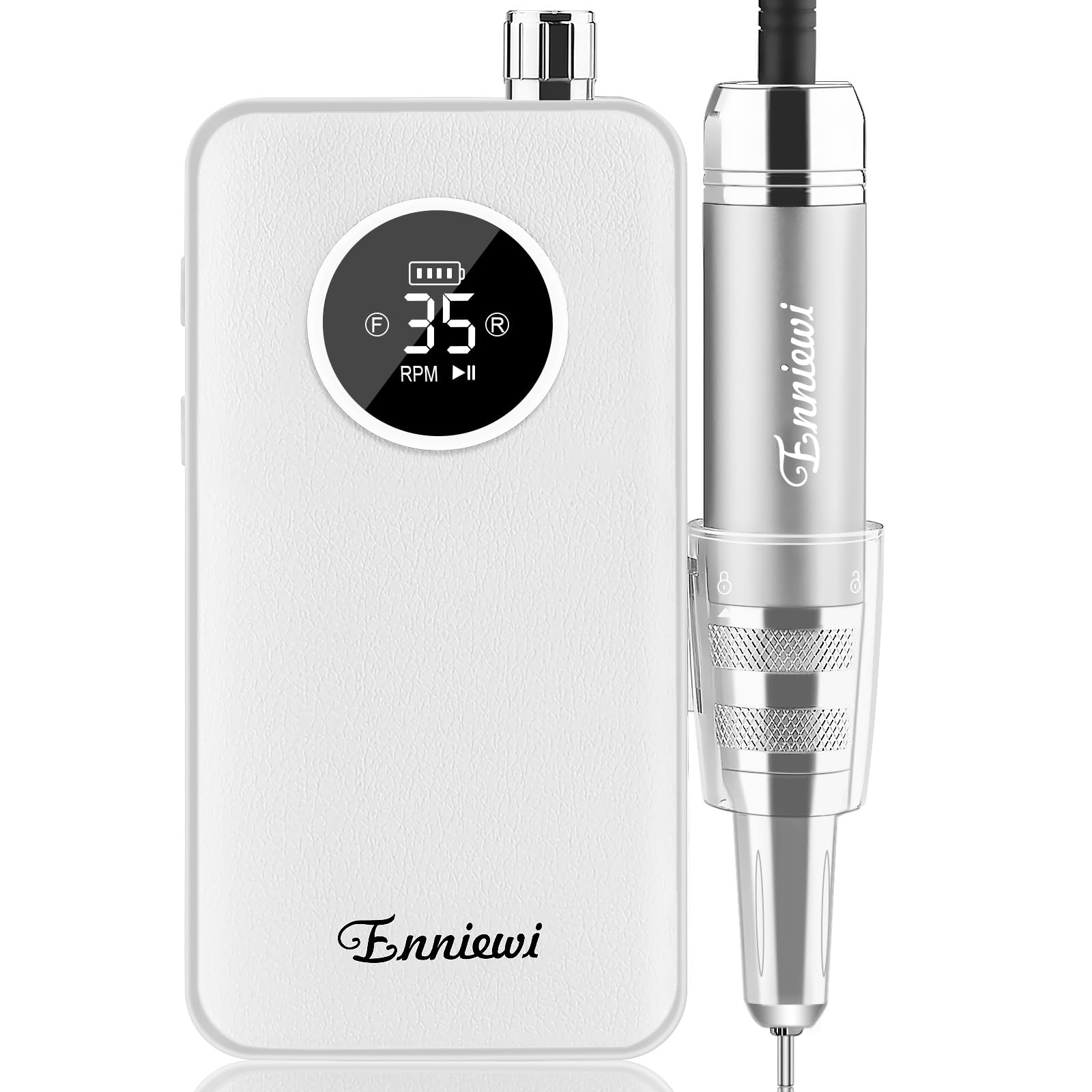 Enniewi Portable Nail Drill 35000RPM Rechargeable Electric Nail Drill Machine for Acrylic Nails Gel Polish, LED Display, Low Noise Low Vibration, 7 Drill Bits for Manicure Pedicure White
