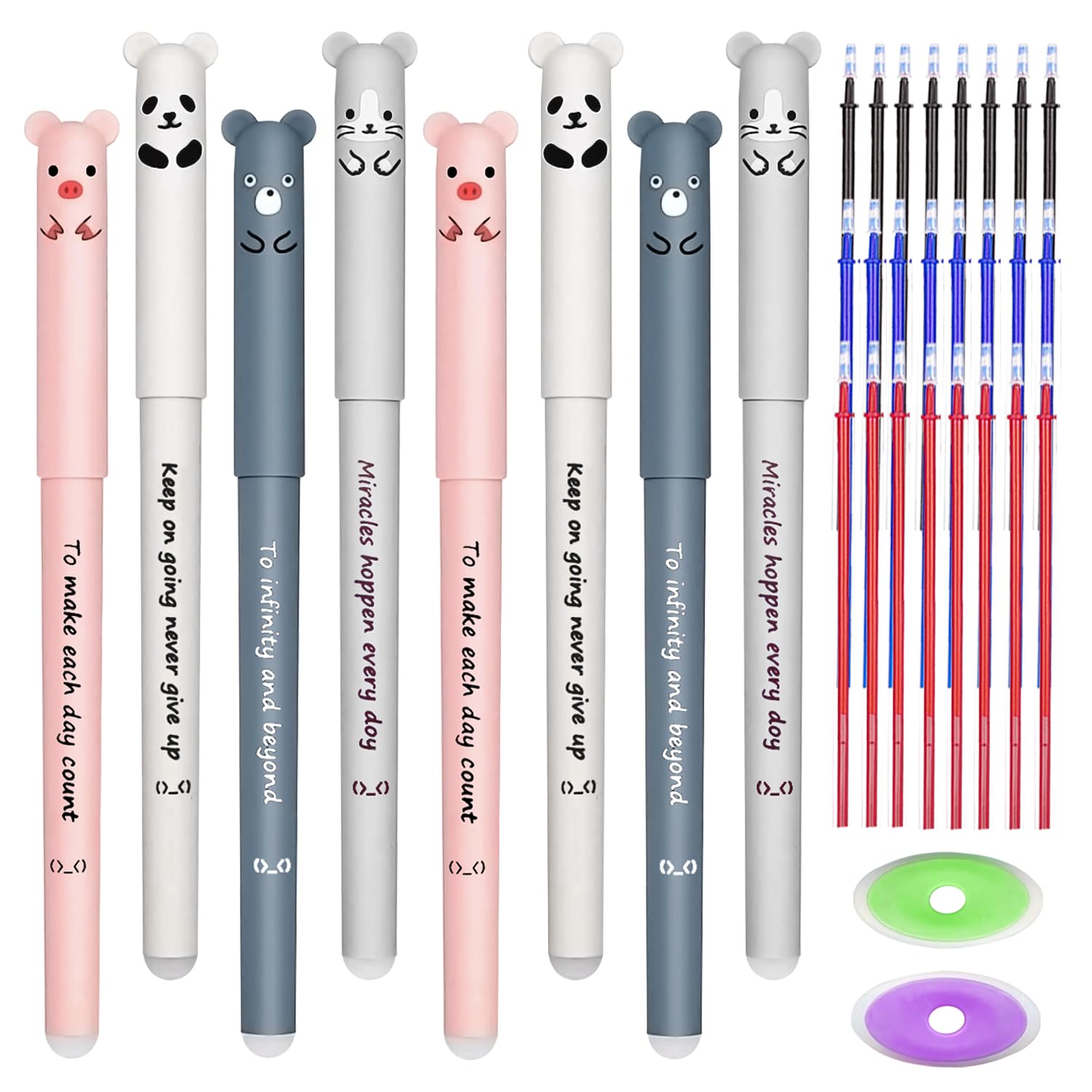 GZGXKJ 8pcs Rub Out Animal Friction Pens - Kawaii Cute Gel Pens for Office & Student Stationery with 24 Refills + 2 Erasers (0.35mm)