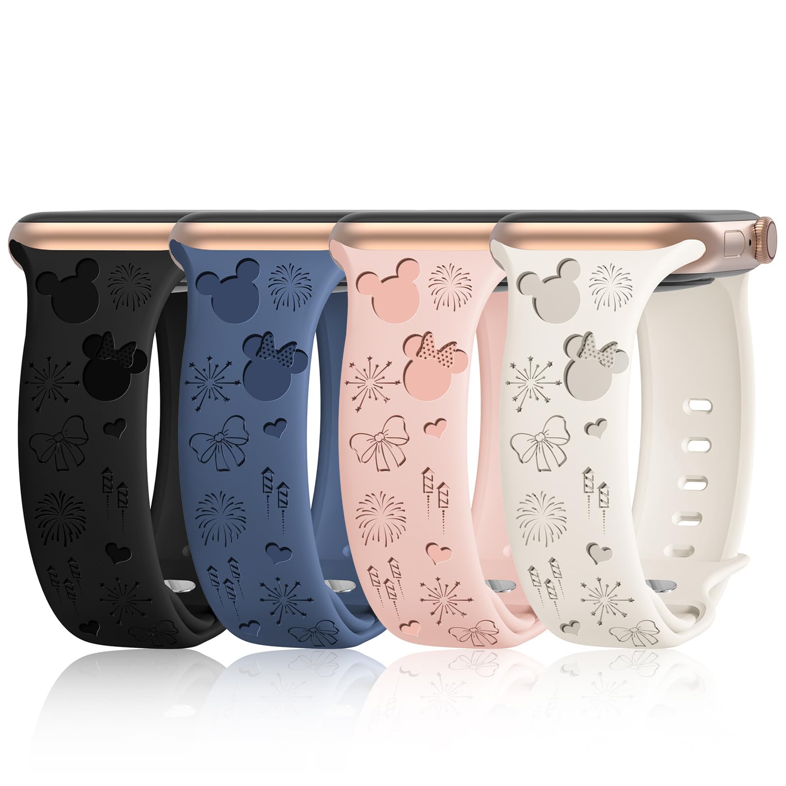 4 PACK Engraved Silicone Bands Compatible with Apple Watch Band 40mm 38mm 41mm 42mm 44mm 45mm 46mm 49mm Women Breathable Soft Cute Sport Replacement Strap for iWatch SE Series 11 10 9 8 7 6 5 4 3 2 1