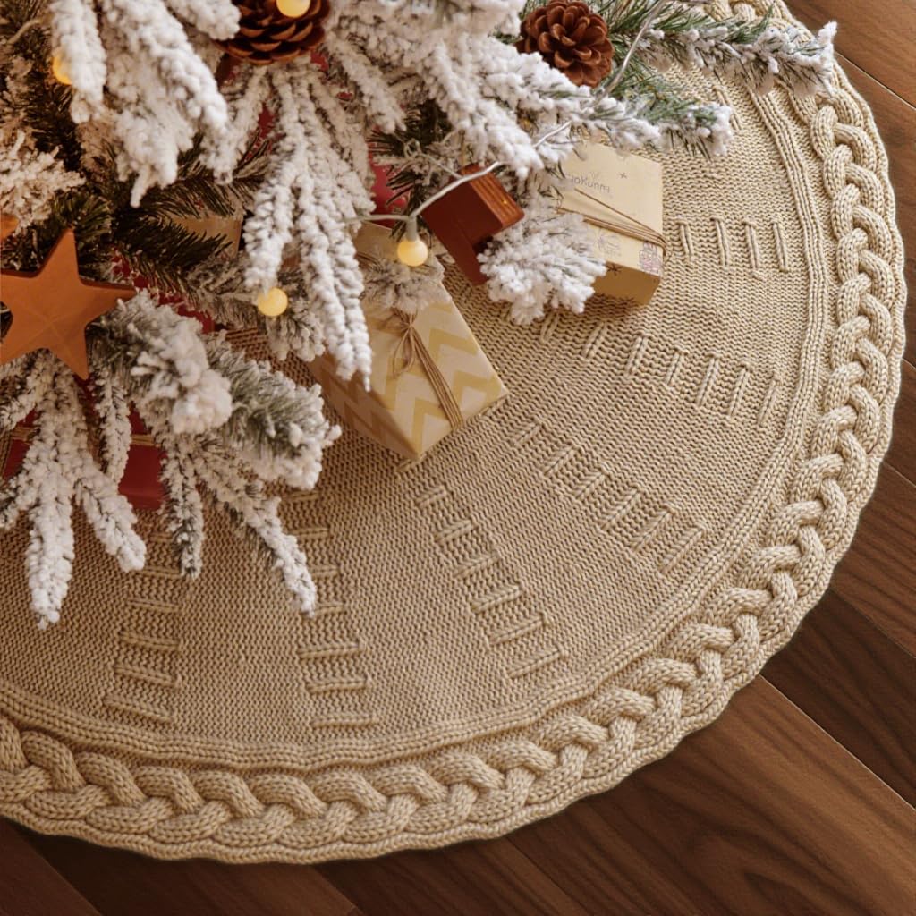 Photo 1 of 36 inch Christmas Tree Skirt: Pencil Tree Skirt for 6ft Tree, Cable Knit Beige Small Tree Skirt, Vintage Tree Skirts, Rustic Farmhouse Christmas Decorations