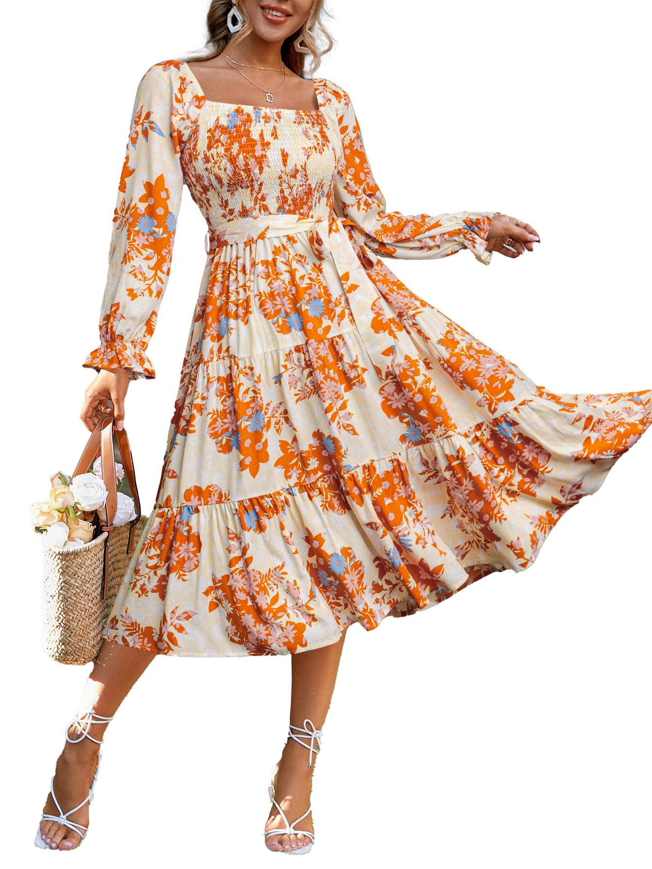 Photo 1 of Simplee Womens Long Sleeve Maxi Dress Casual Spring Square Neck Flowy Long Boho Floral Dresses Orange Floral S
