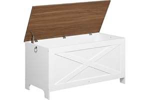 MAHANCRIS 39.4" Toy Chest, Sturdy Entryway Storage Chest with Safety Hinges, Retro Toy Box, Wooden Look Accent Furniture for Living Room, Bedroom, White+Walnut SCBZ48101