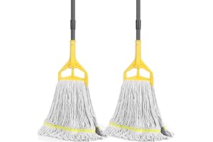 Beyoco Heavy Duty Commercial Mop Industrial Cotton Mop with Long Handle,Looped-End String Wet Mops for Home,Garage,Office, Workshop, Warehouse Floor Cleaning, 2 Pack,Yellow