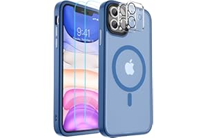 SUPFINE Magnetic for iPhone 11 Case, [Compatible with MagSafe] [10 FT Military Grade Drop Protection] 2X [ Tempered Glass Screen Protector+Camera Lens Protector] Slim Phone Case,Matte Sky Blue