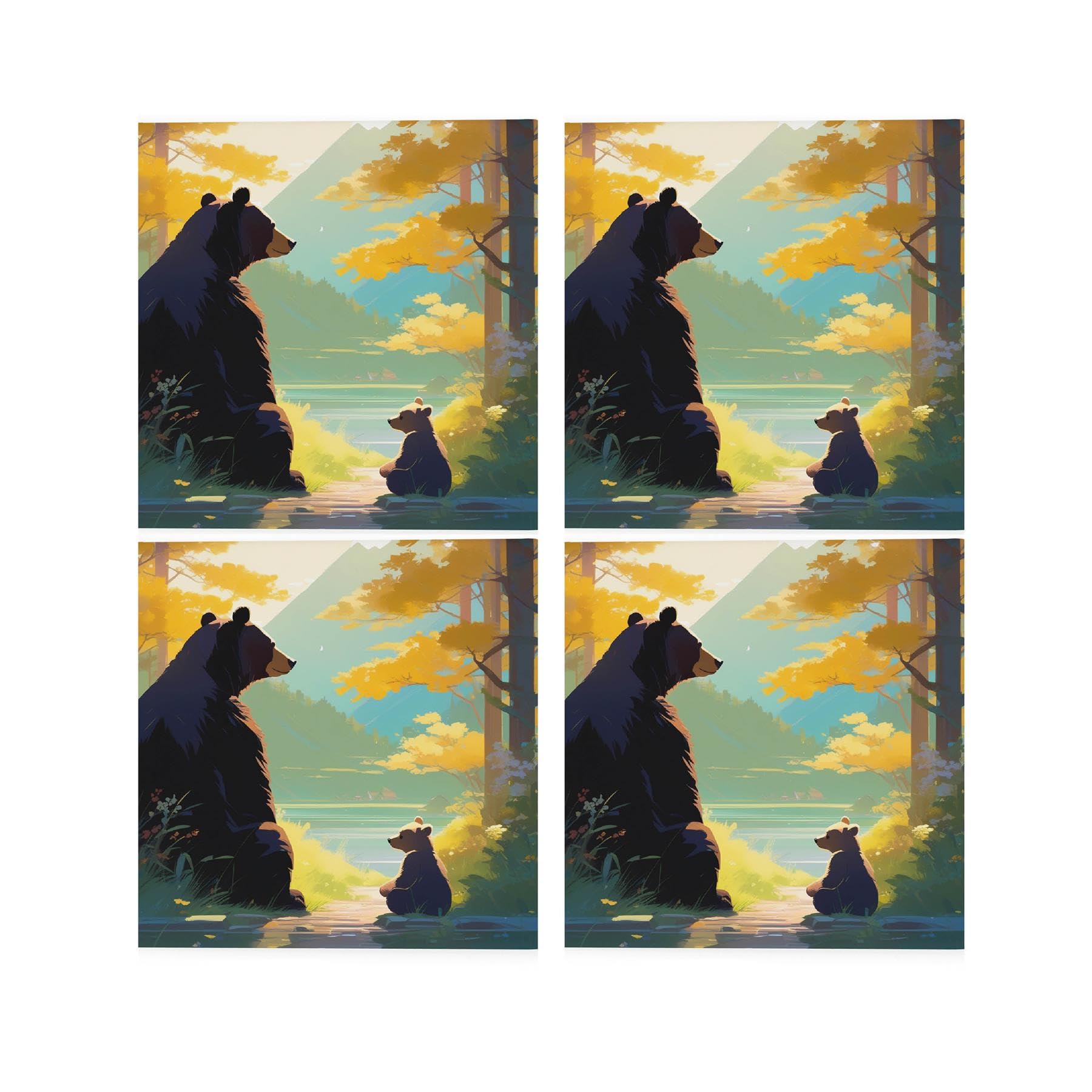 Bear & Cub Ceramic Coaster Set - Forest Scenery Gift for Animal Lovers Square Set of Four (4) Coasters