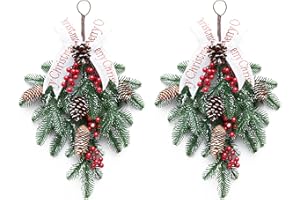 DUDNJC 2pcs Artificial Christmas Pine Branch Red Bery Spray Snow Teardrop Wreaths Picks, 19.5in Faux Winter Pine Cones Ribbon Bow Greens Xmas Swag for Front Door Farmhouse Style Home Decor