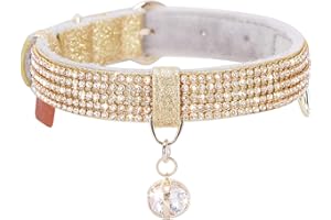 PetsHome Cat Collar, Dog Collar, [Bling Rhinestones] Premium PU Leather with Pendant Adjustable Collars for Small to Medium Dog Medium Gold