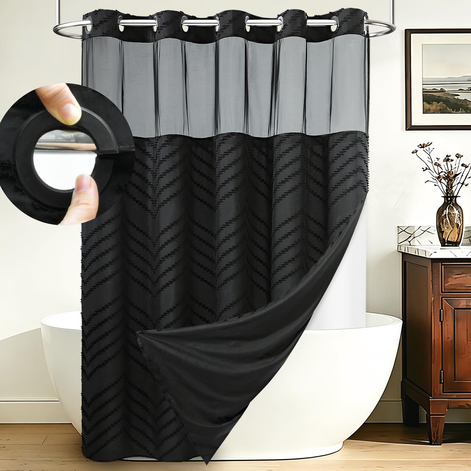 WONICY No Hook Shower Curtain with Snap in Liner, Black Tufted Chevron Striped Shower Curtains for Bathroom, Waterproof & Washable, 71Wx74H Image