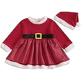 Nokpsedcb Baby Girls Cute Long Sleeve Plush Collar Dresses with Santa Hat Newborn Infant Christmas Outfit