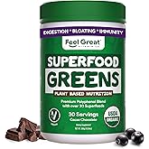 Feel Great Organic Superfood Greens Powder - Cocoa Chocolate | Fruit & Vegetable Supplement | Over 20 Greens, Fruits & Veggies, Fiber, Probiotics & Digestive Enzymes | 30 Servings
