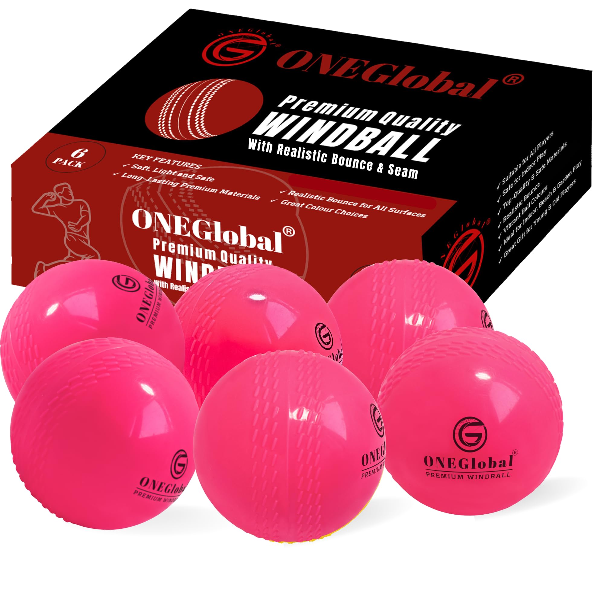 ONEGlobal Premium Windball Soft Cricket Ball | Durable, Embossed Seam, True Bounce & Swing | Wind Ball Cricket Balls for Outdoor & Indoor Practice, Coaching, Garden & Beach Games (6-PINK)