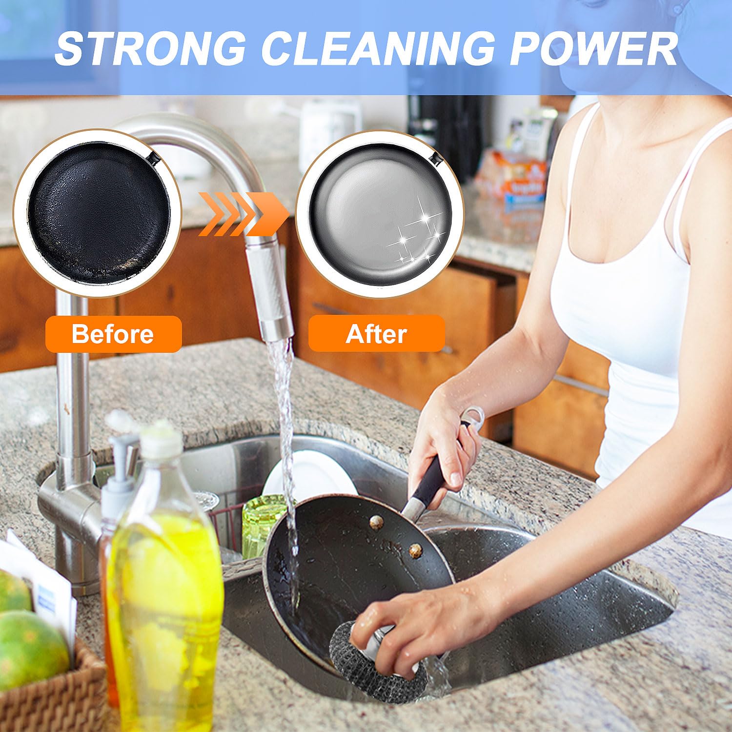 2Pcs Stainless Steel Wool Scrubber with Handle, 4 Replacement Steel Scrubber Wool Pads，Stainless Steel Scrubber for Cleaning Cast Iron, Dishes, Kitchen Pots, Pans, Grills, Stoves, Sink