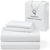 RUVANTI Flannel Sheets Queen Size - GOTS Certified 100% Organic Cotton, 4 Piece Warm, Soft & Breathable Set, Deep Pocket Snug Fit, Double Brushed Cozy All Season Bedding, Pure White