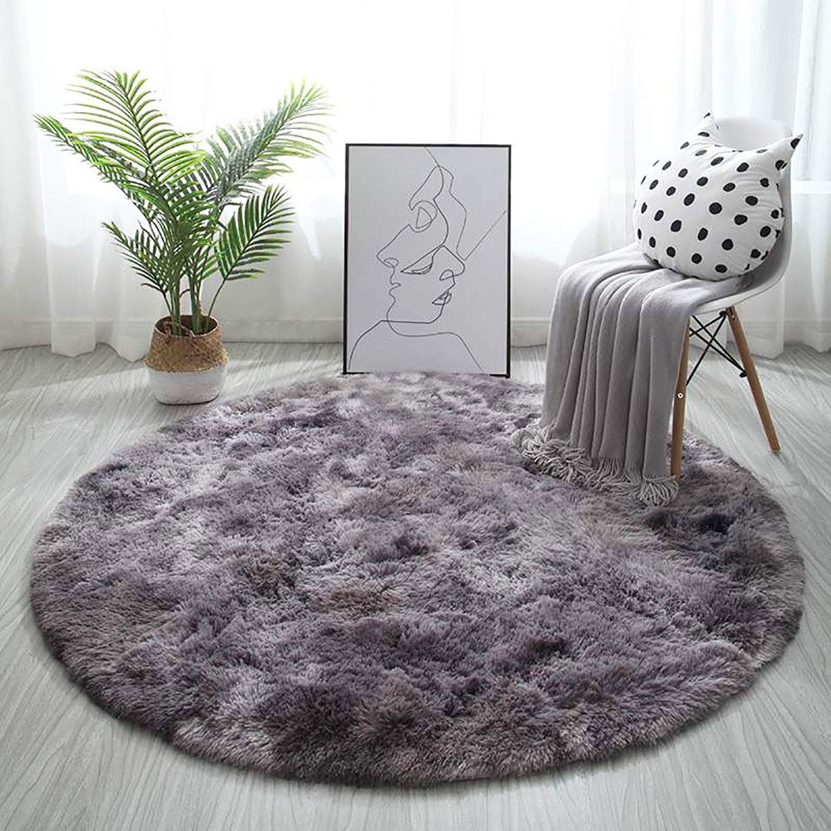 Tinyboy-hbq Round Area Rugs Fluffy Bedroom Rug Shaggy Bedroom Bedside Household Carpet Soft Modern Plush Carpets Suitable for Home Decor(Black grey, Diameter 140cm)