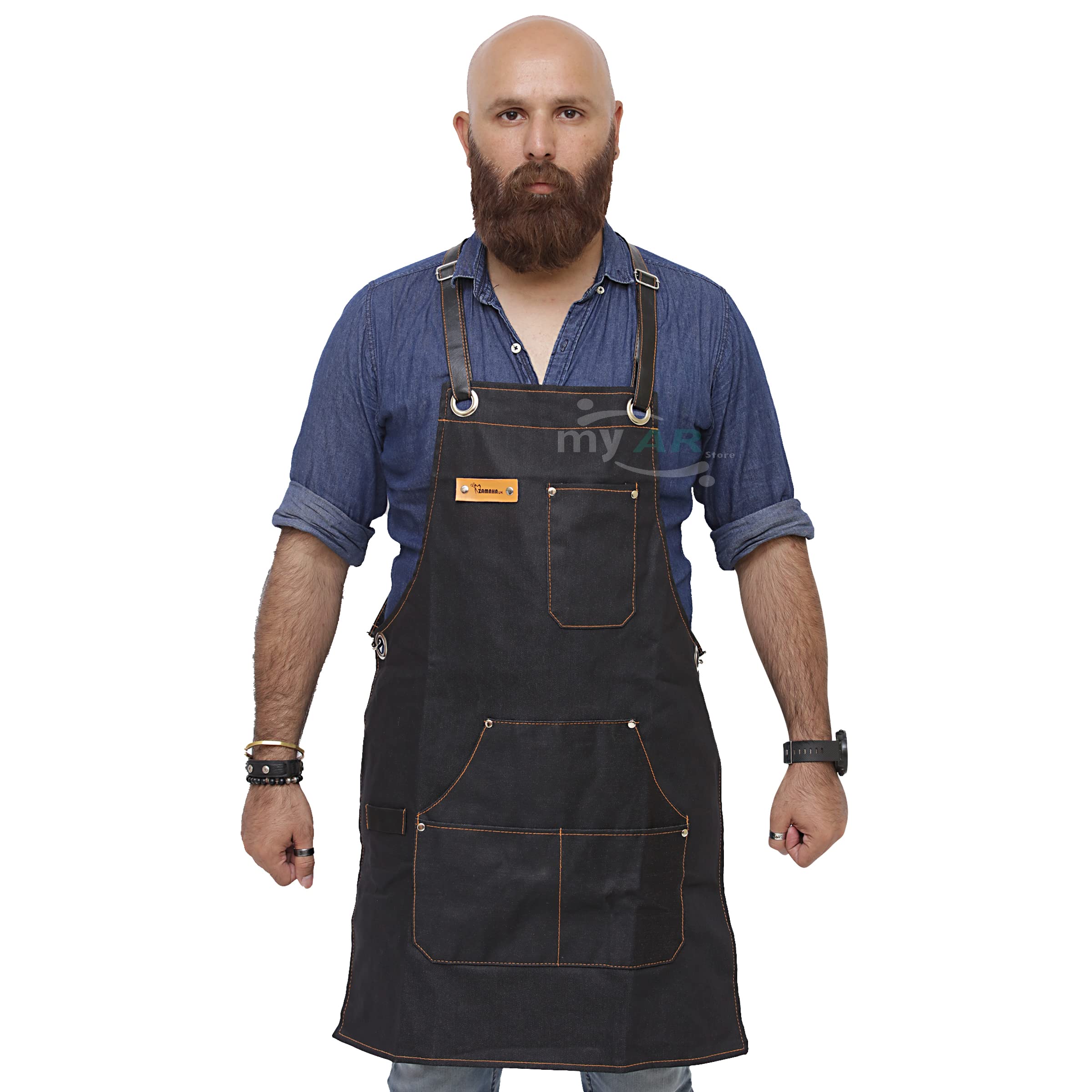 My AR store® Professional Cotton Denim Jeans Barber Apron with 7 Pockets, Apron for Hairdressing Bbq Kitchen Garden Carpenter, adjustable straps with rings (Black)