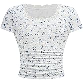 RoseSeek Girl's Ditsy Floral Print Lace T Shirt Short Sleeve Ribbed Ruched Cute Tee Shirts Summer Tops