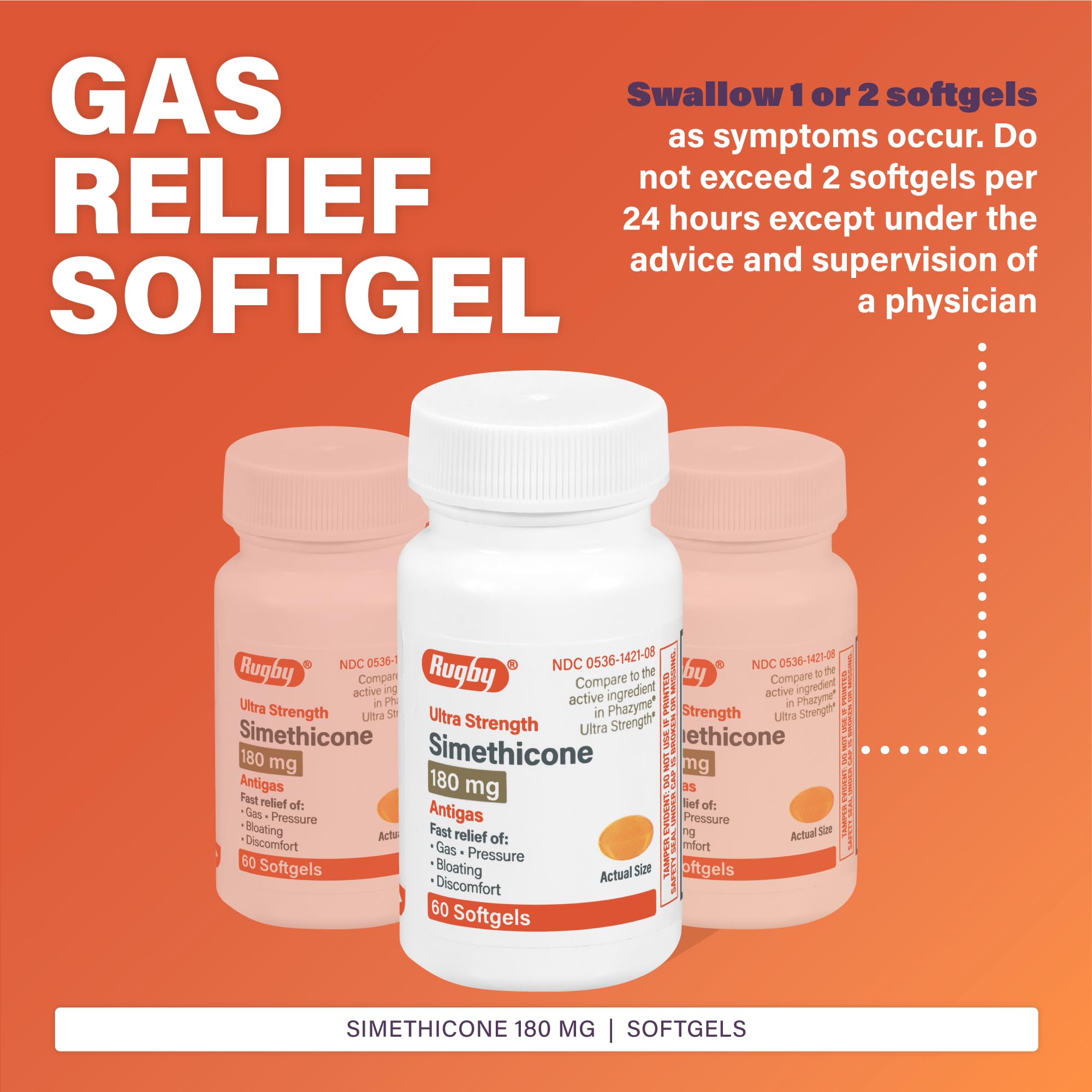 Rugby Ultra Strength Simethicone Gas Relief 180 mg - Maximum Gas Relief for Adults - May Help with Symptoms of Flatulence, Bloating, Gas Fullness - 60 Softgels (2 Pack)