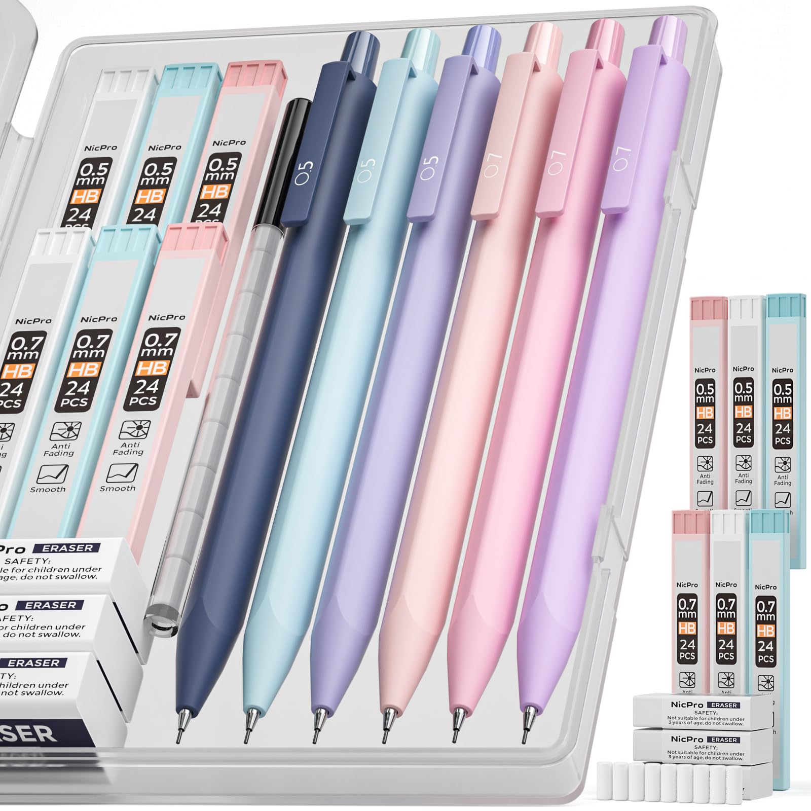 Nicpro 6PCS Cute Mechanical Pencil Set with Case, Pastel Mechanical Pencils 0.5mm & 0.7mm with 6 Tubes HB Lead Refills, 12PCS Erasers, Aesthetic Stationery & School Supplies for Girls Writing Drawing