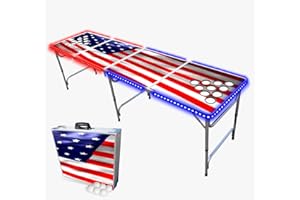PARTYPONG 8-Foot Folding Pong Table - Choose Table Options (Base, Cup Holes, LED Lights, or Cup Holes & LED Lights) - America Edition
