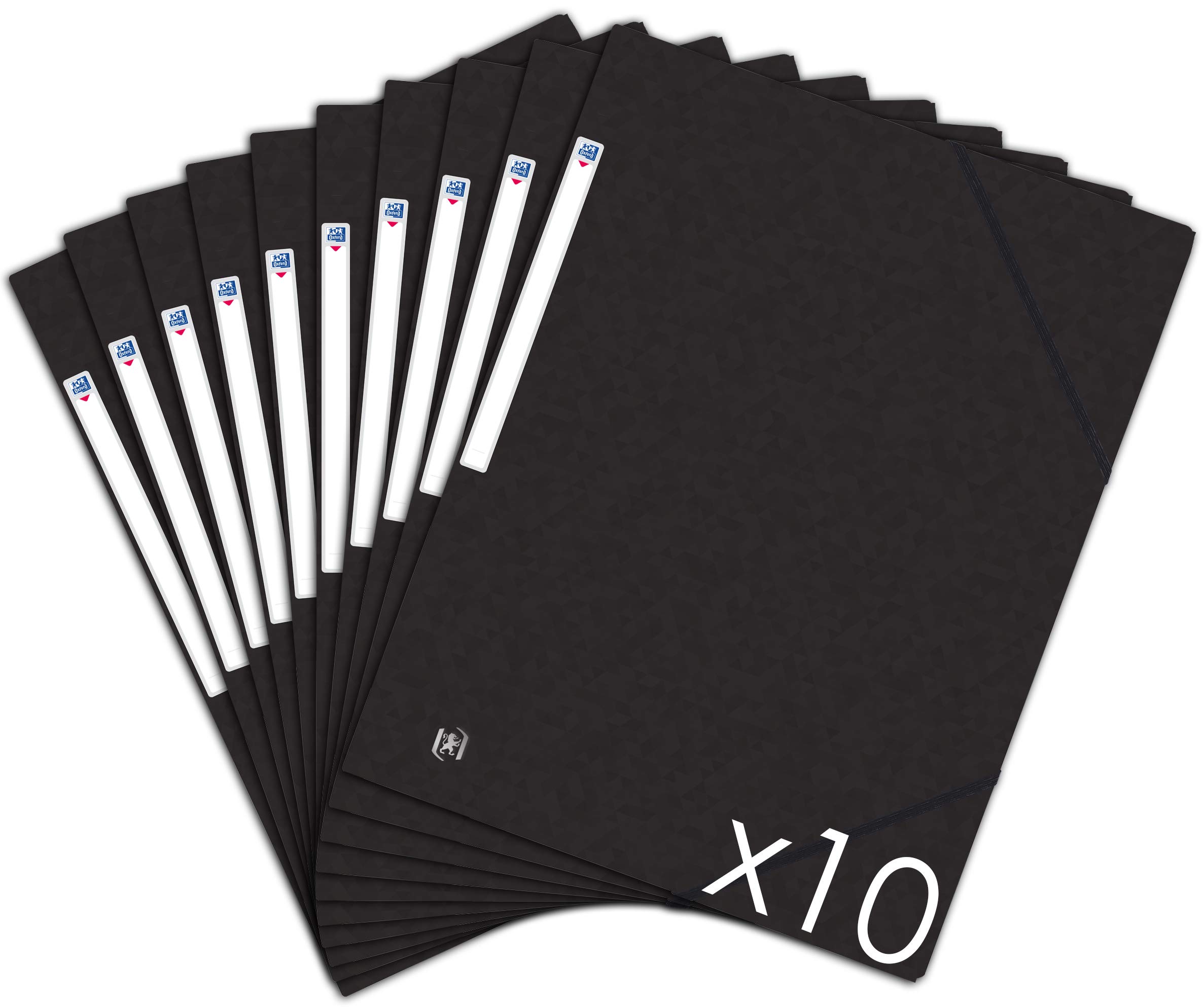 Oxford Topfile+ Pack of 10 Cardboard Folders with 3 Flaps, A4, Elastic Closure and Pockets - Black