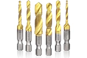 Drill Tap Set, Valkynos 6 Packs Titanium Plated Combination Taps Drill Bit Set, M3 M4 M5 M6 M8 M10 Hex Shank HSS Screw Thread Metric Compound Tap Drill Bits Metal Drilling