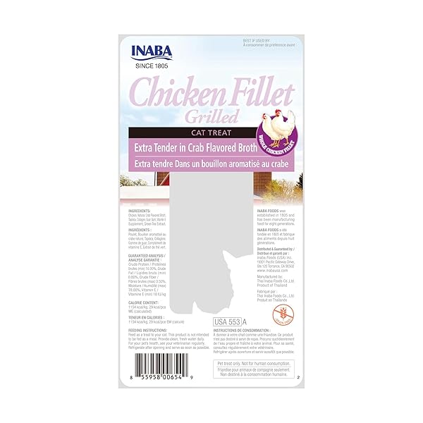 INABA PREMIUM HAND-CUT GRILLED CHICKEN FILLET CAT TREATS/TOPPER WITH VITAMIN E AND GREEN TEA EXTRACT, 0.9 OUNCES EACH, PACK OF 6, EXTRA TENDER CRAB BROTH