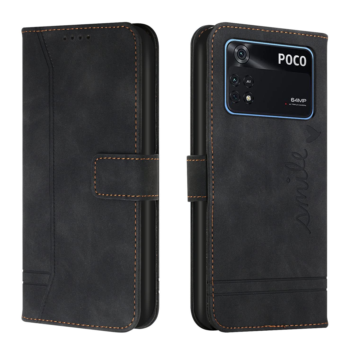 QIWEIQINGWH Case for Xiaomi Poco M4 Pro 4G, Premium PU Leather Cover TPU Bumper with Card Holder Kickstand Hidden Magnetic Adsorption Flip Wallet Case Cover for Mi Poco M4 Pro 4G.Black HX