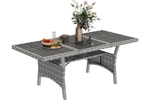 Outsunny Outdoor Dining Table for 6-8, 75" Rectangular Wicker Outdoor Patio Table with Storage Shelf, Wood-Plastic Composite 