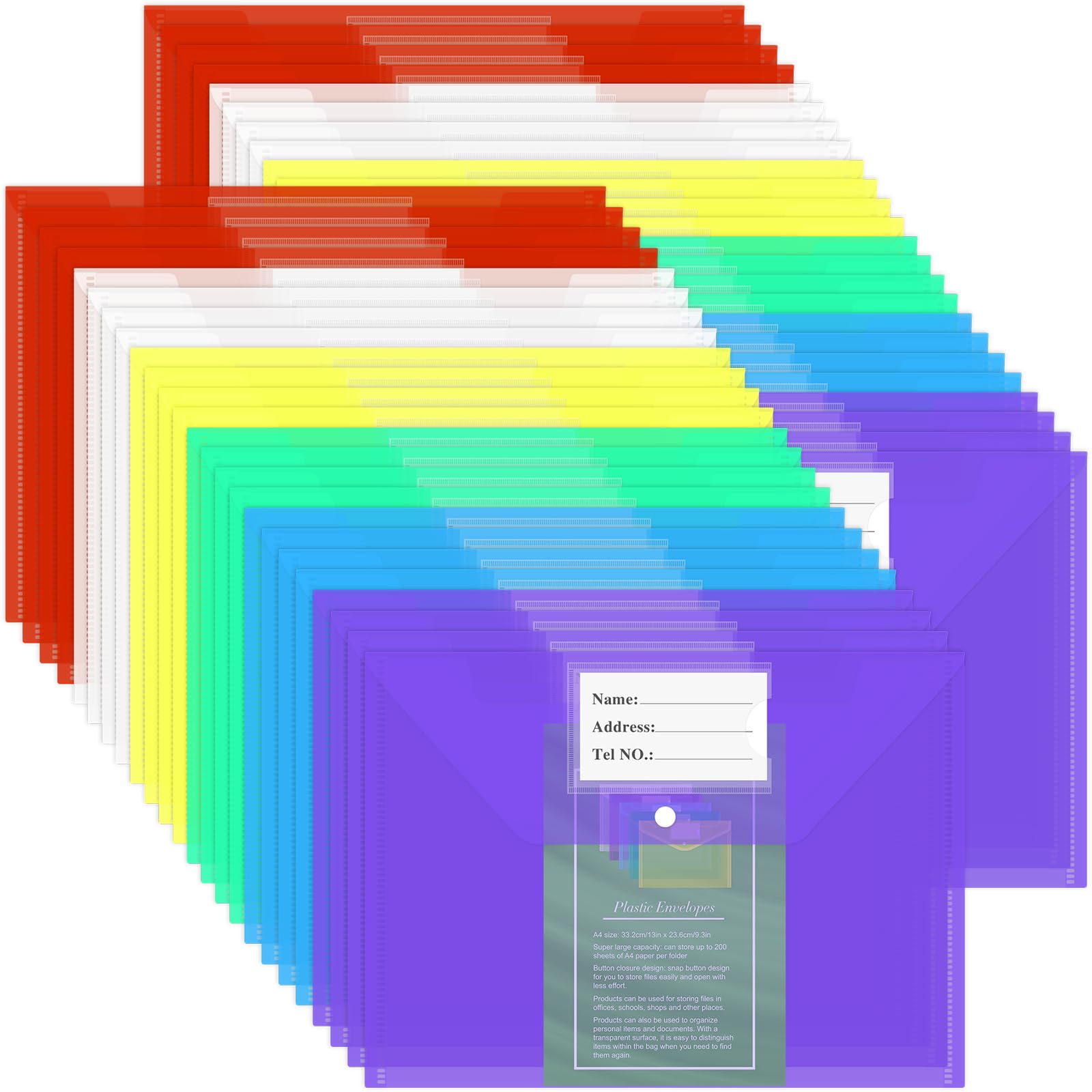 Photo 1 of NACHLYNN 48pcs Plastic Envelopes Plastic Folders with Snap Closure, 6 Colors A4 Size Clear File Envelopes with Label Documents Folders Organizers for Home Work Office OrganizationLPNPMER0648197
