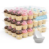 WIKDAY Plastic Cupcake Containers with Liners, 24 Count x 15 Sets | Clear Cupcake Holder with Lids, Disposable Cupcake Carrier for Bakery, Storage Box for Parties, Bake Sale Packaging