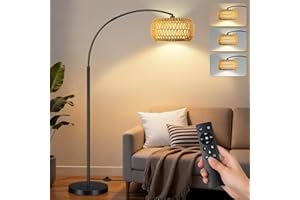 Floor Lamp, Rattan Boho Floor Lamp with Remote Control, Black Standing Lamp with 3 Color Temperatures & Dimmable LED Bulb, Ta