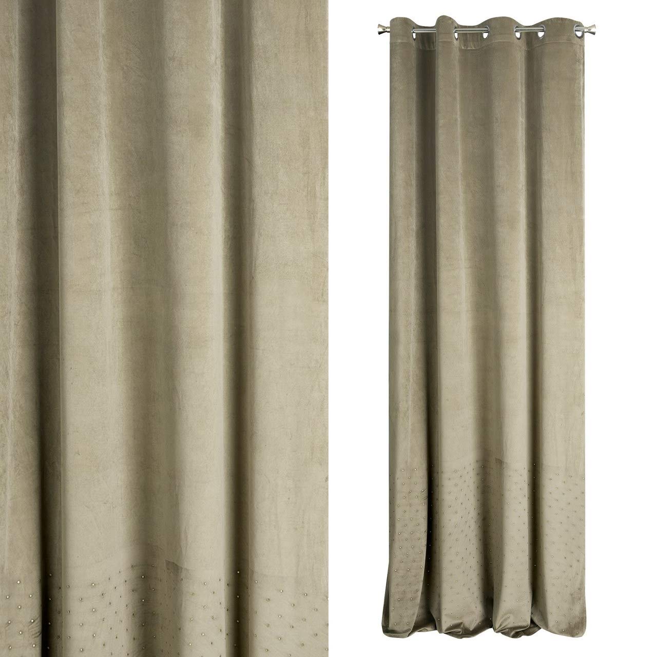 Eurofirany Velvet Curtain with Crystals and Metal Eyelets 220 g/m2 140 x 250 cm Beige Glamour-Style Soft Fluffy Fashionable Living Room Bedroom