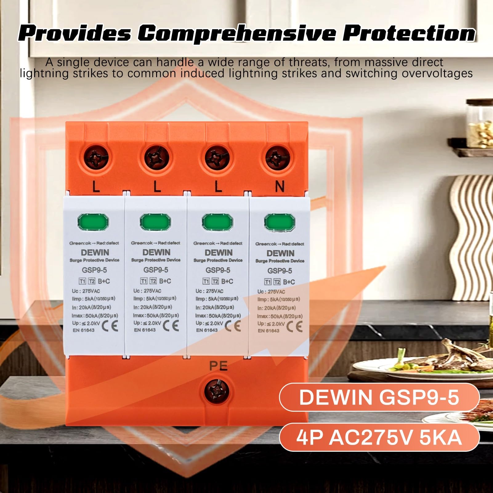 DEWIN Überspannungsschutz Hutschiene GSP9-5 Surge Proctor SPD Ableiter T1+T2(B+C) 4P AC 275V 5KA DIN-Schiene Überspannungsschutzgerät 4