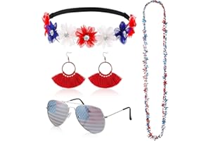 Hicarer 5pcs 4th of July Accessories Set Flower Patriotic Headband American Flag Sunglasses Red White Blue Necklace USA Tassel Earrings Fourth of July Outfits for Women Independence Memorial Day