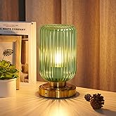 LightRound Cordless Table Lamp for Bedroom, 7500mAh Rechargeable Battery Operated Lamp, Modern Touch Dimmable Wireless Lamp Gold Base Green Glass Shade for Living Room, Desk, Led Bulb Included