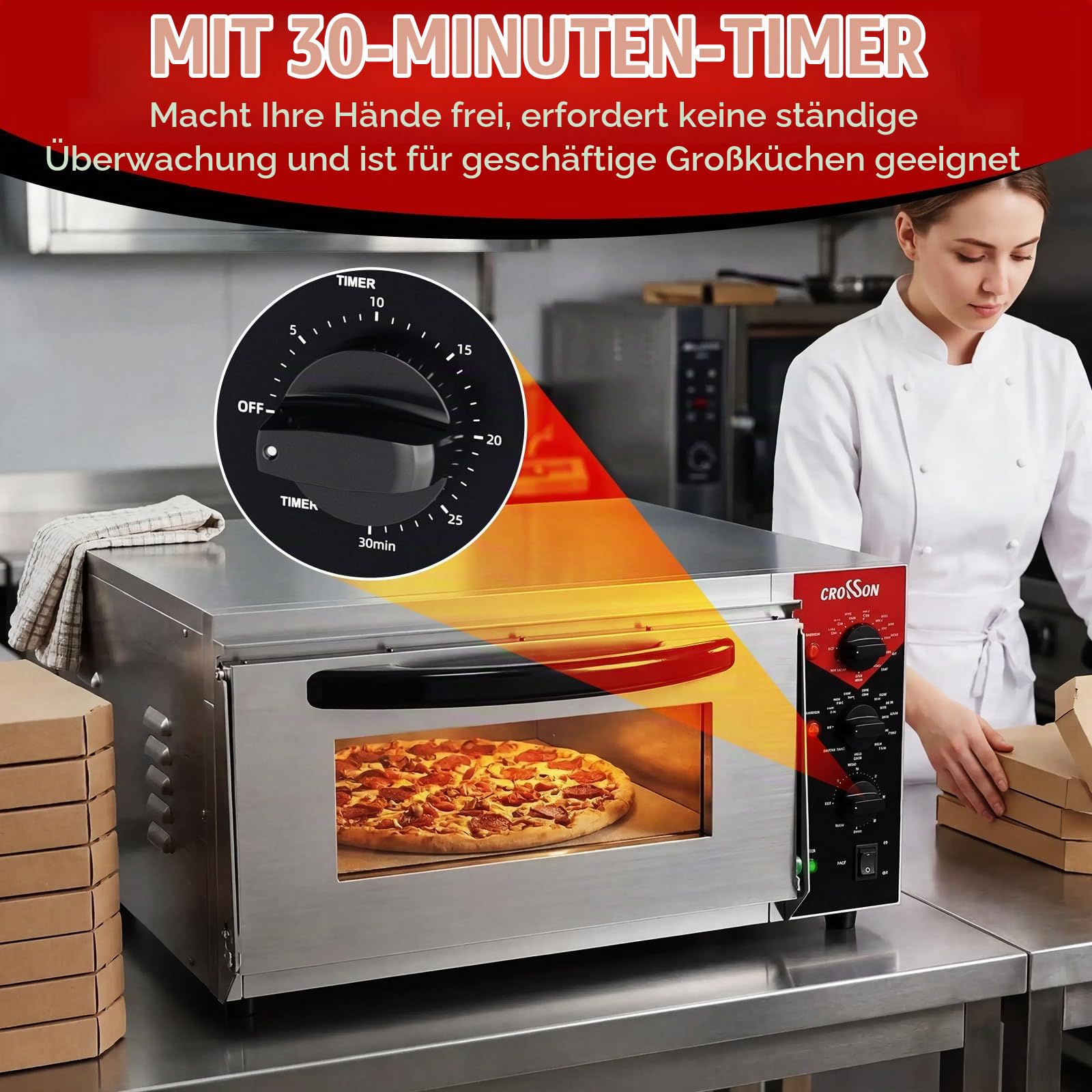CROSSON Kommerzieller Pizzaofen Backofen mit 50 * 50CM Schamottstein,Elektrischer Pizzaofen aus Edelstahl Temperatur bis 350℃,30-Minuten-Timer,Innenbeleuchtung,3000W 5
