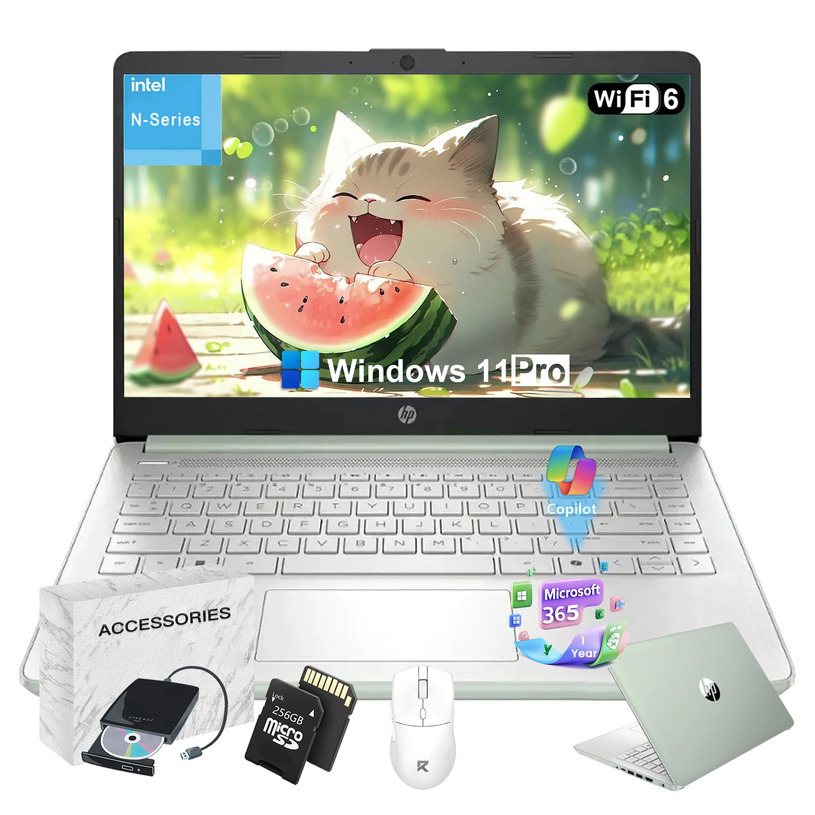 Computadora portátil HP de 14 pulgadas para estudiantes y empresas: procesador Intel de 4 núcleos, 16 GB de RAM, 128 GB UFS y tarjeta SD de 256 GB, Ai Copilot, 1 año de Office 365, Win 11 Pro, todo el día, con paquete Redragon (verde)