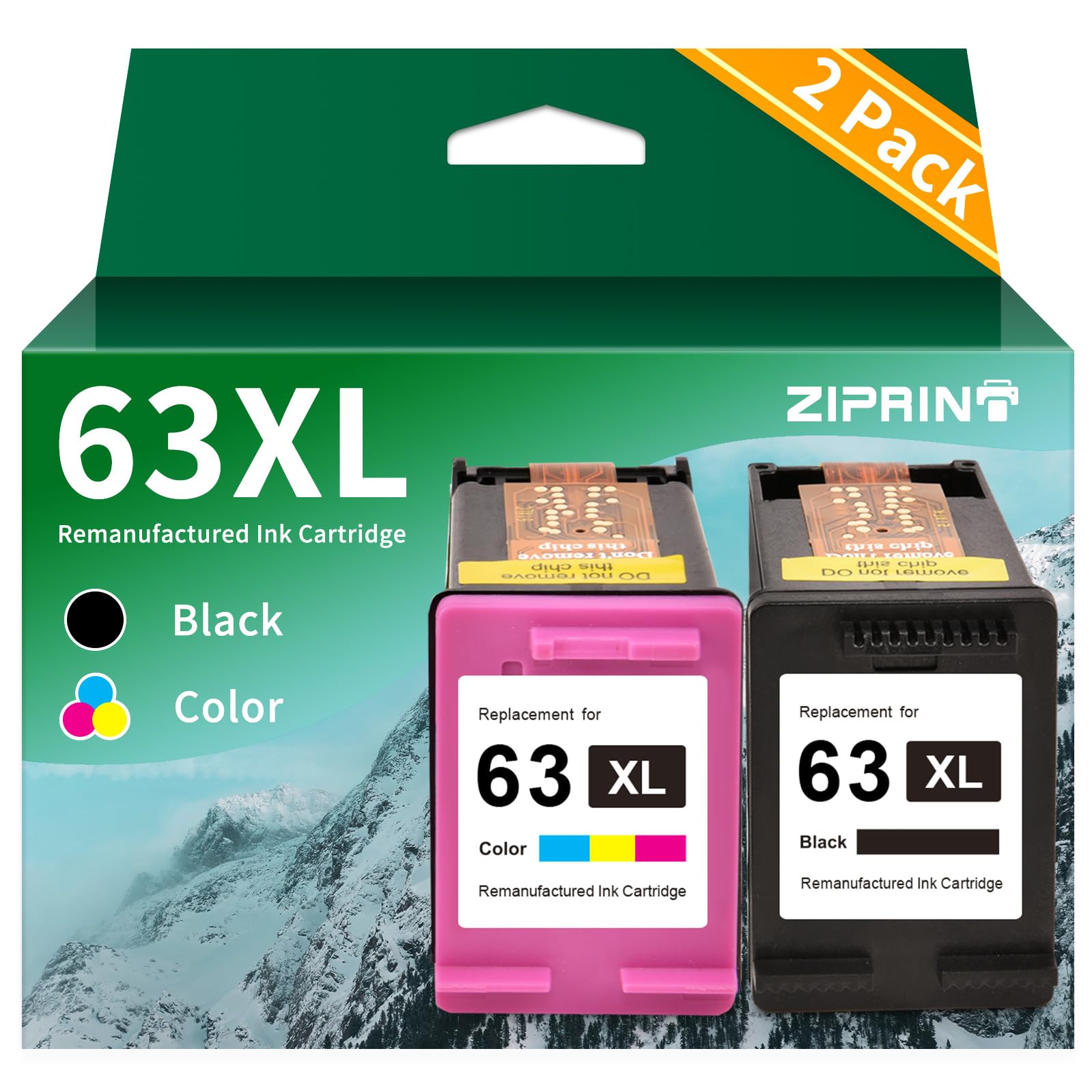 Photo 1 of ZIPRINT 63XL Ink Cartridge Combo Pack Replacement for Hp Ink 63 63XL Ink Cartridges Black and Color Work with HP Officejet 3830 4650 5255 5258 Envy 4520 4512 DeskJet 3630 2130 1112 Printer,2 Pack