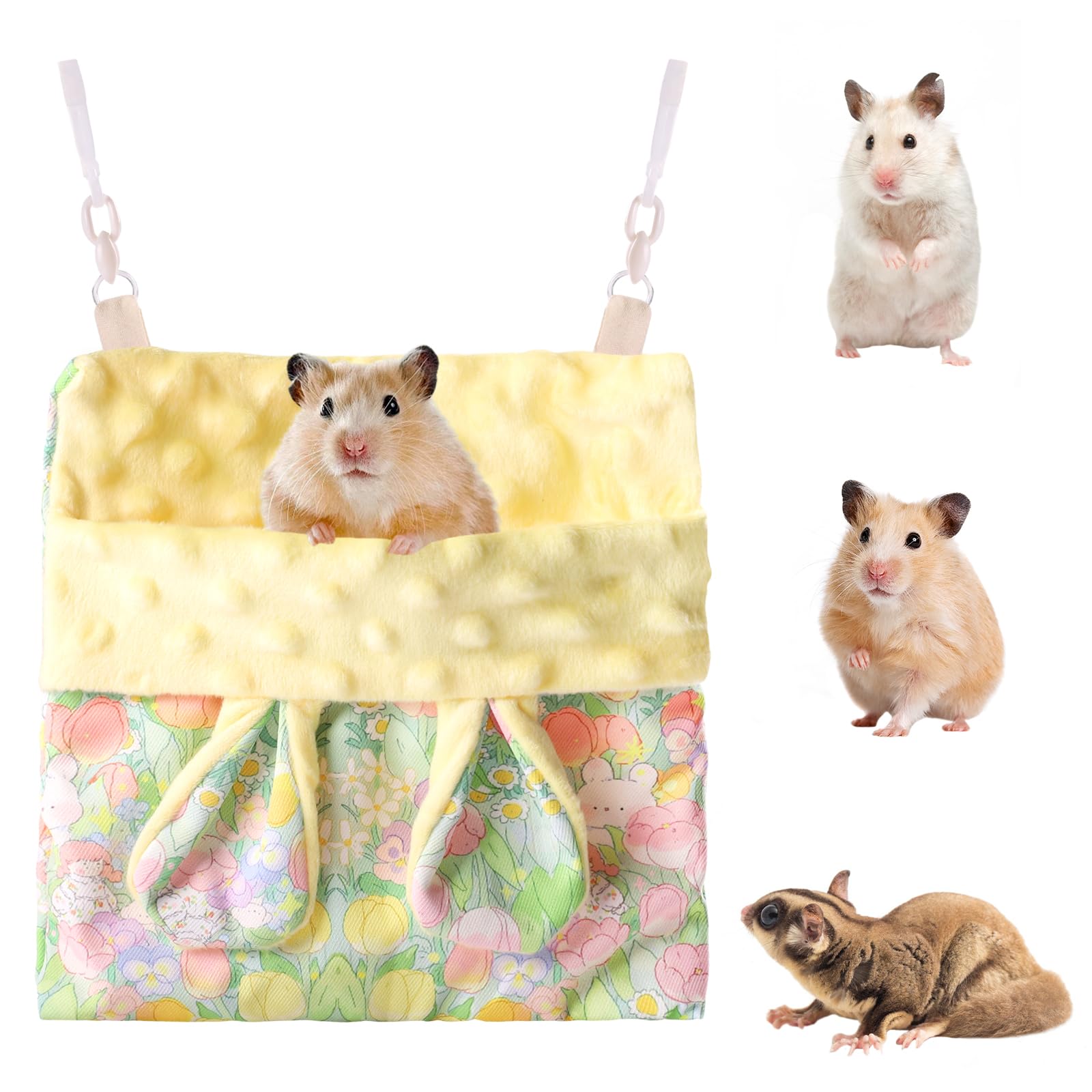 Fnaobai Sugar Gliders Sleeping Pouch Hamsters Velvet Hanging Hammocks Bed Carrier with Strap Squirrels Marmosets Guinea Pig Warm Swing Carry Pouch Cage Accessories for Small Animal (Yellow)
