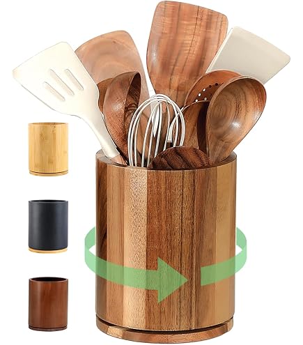 Porte-ustensiles De Cuisine En Bois à 3 Compartiments - Avec Poignée Et Trou De Drainage - Style Rétro