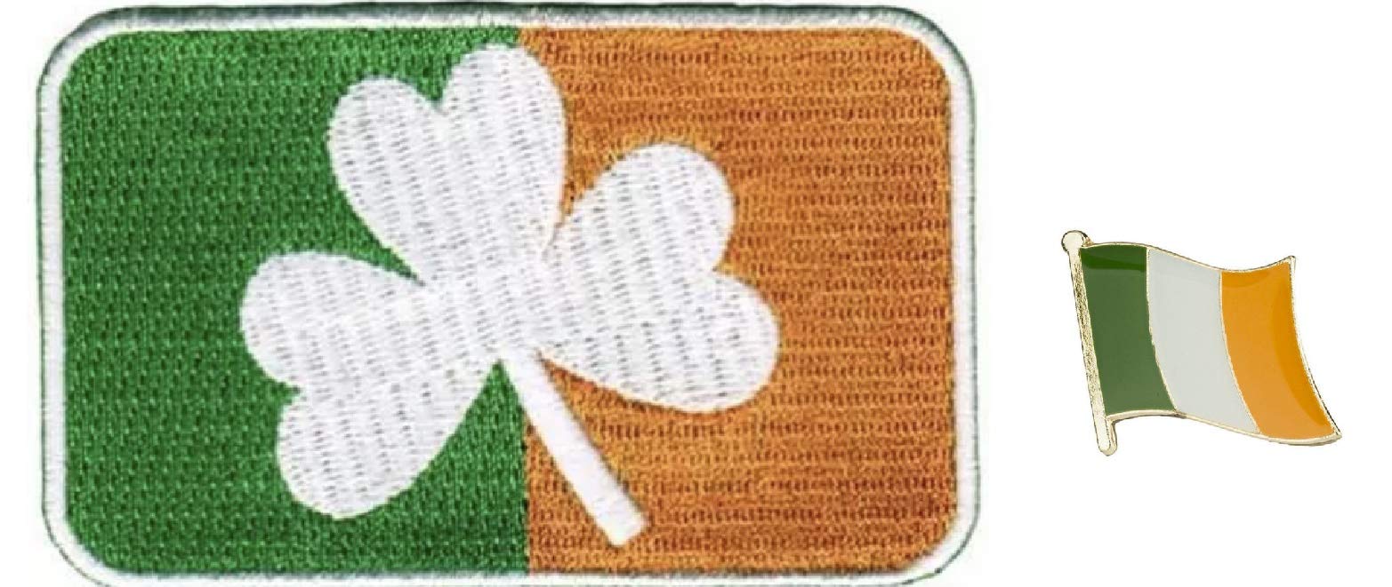 Irish Clover Shamrock Embroidered Patch Plus Flag of Ireland Pin Badge