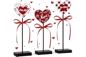 UXORSN 3PCS Valentine's Day Table Decoration Wooden Heart Table Tiered Tray Decor with Red Bow Double Printed Table Sign Vale