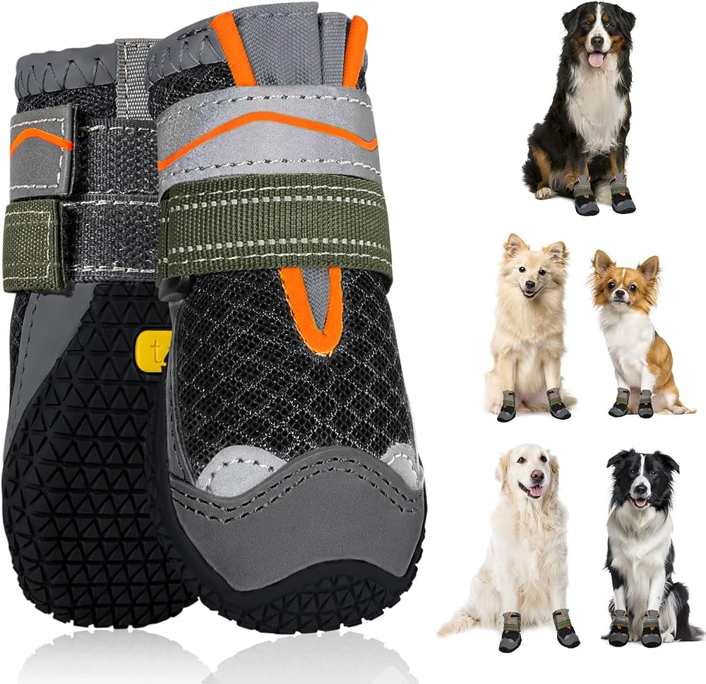 SlowTon Dog Boots Waterproof Non Slip Paw Protectors Adjustable Reflective