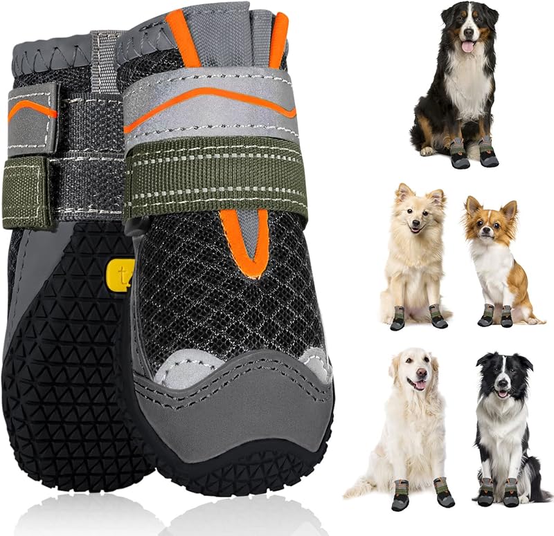 SlowTon Dog Boots Waterproof Non Slip Paw Protectors Adjustable Reflective