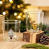 Potchen 2 Pcs 3D Drinking Glass Cup With Christmas Tree and Elk Inside Stemless Wine Glasses 10 oz Xmas Glasses Drinkware for Home Bar Christmas Party, Juice Glass