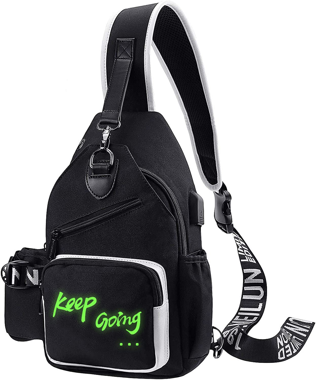 Xinveen Luminous Sling Bag Cross Body Shoulder Backpack Multifunction Chest Bag with USB Charging Port for Men Boys Travel Sports Keep Going
